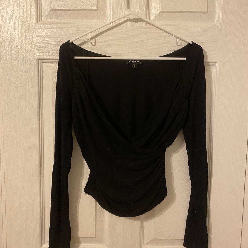 Express Black Draped Long-Sleeve Blouse